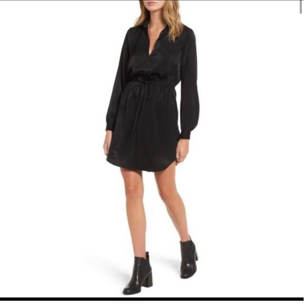 Lush collared drawstring waist black silk dress M